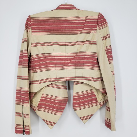 BCBGMaxazria Striped Abbey Blazer XS Asymmetrical Open Front 100% Cotton Tan Red - Picture 4 of 11